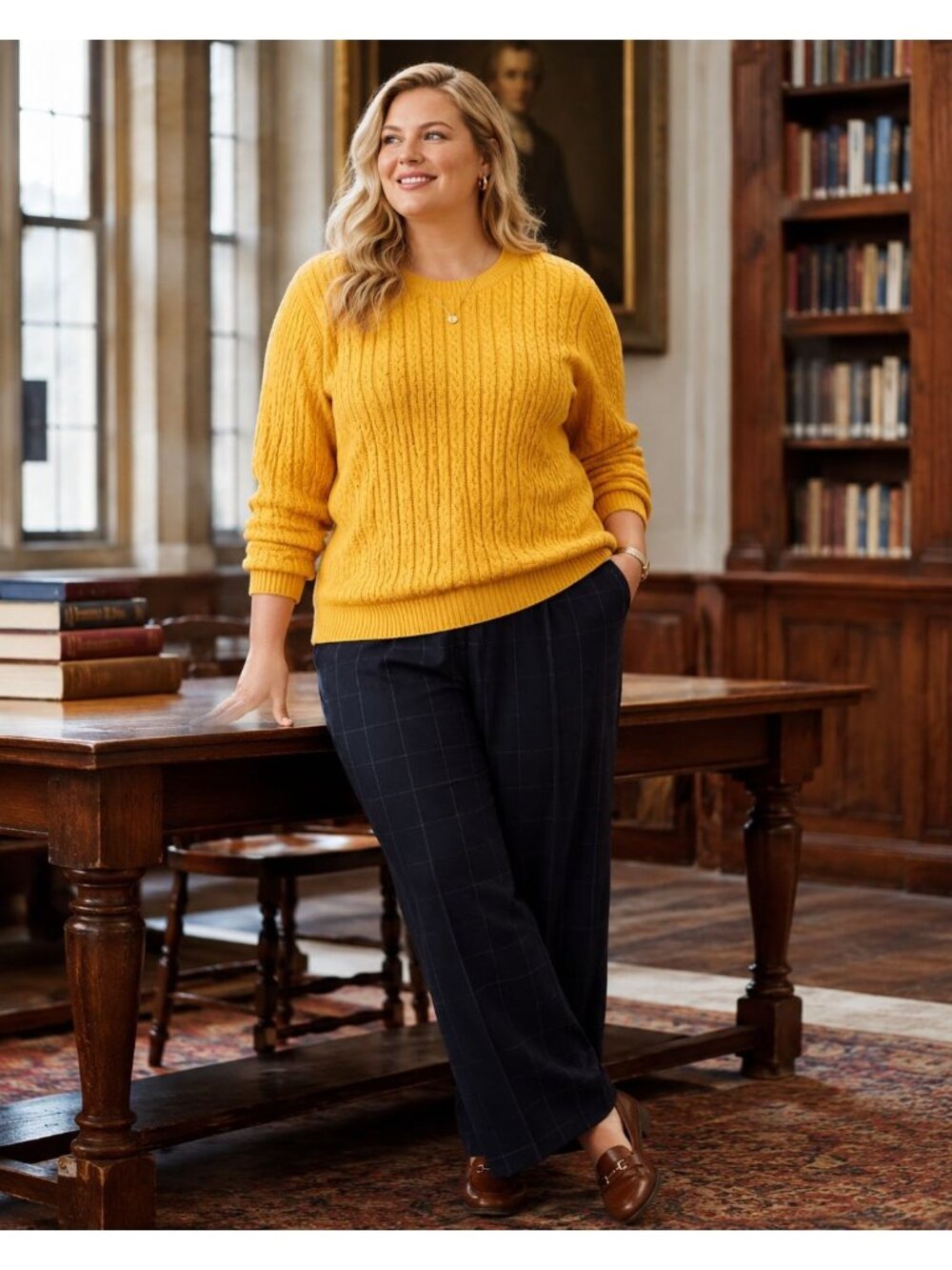 Lands’ End Cable Knit Sweater Women’s 2X Yellow Wool Blend Crewneck Pullover